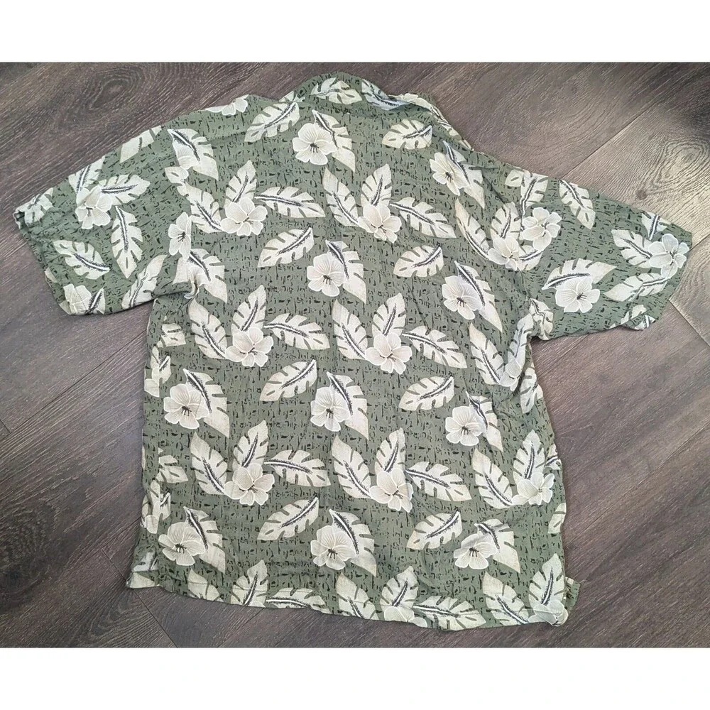 Island Hawaiian Men's Shirt Size Large Green/White Palm Trees Button Up (374m)
